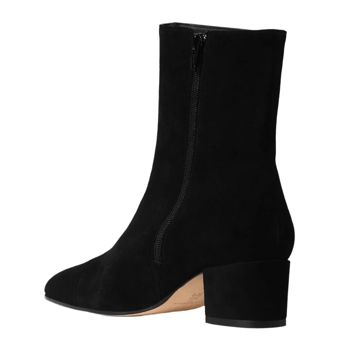The Aimee Short Boot by Staud is a chic black suede ankle bootie with a convenient side zipper and a stylish block heel.