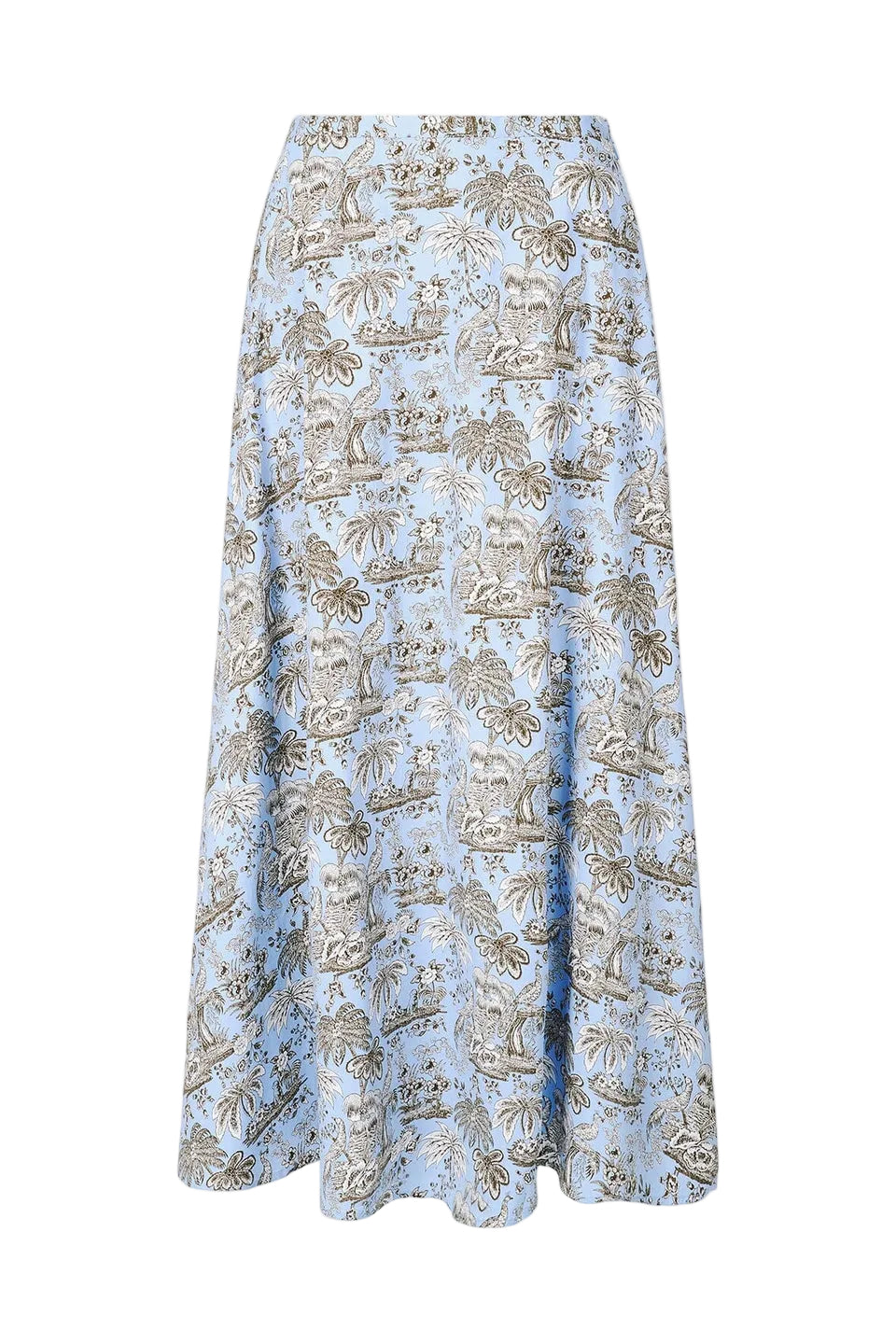 The Staud Axel Skirt is a light blue cotton poplin pull-on maxi skirt detailed with an intricate brown and white toile print of nature and landscape motifs.