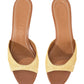 Brigitte Raffia Mule by Staud: Brown and tan woven raffia open-toe sandals with "Staud" embossed on the insole.