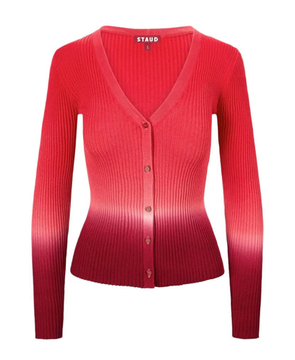 Staud's Cargo Sweater, by Staud, is a red ombre ribbed knit cardigan featuring a V-neck and front buttons, adorned with a stylish dip-dye print.