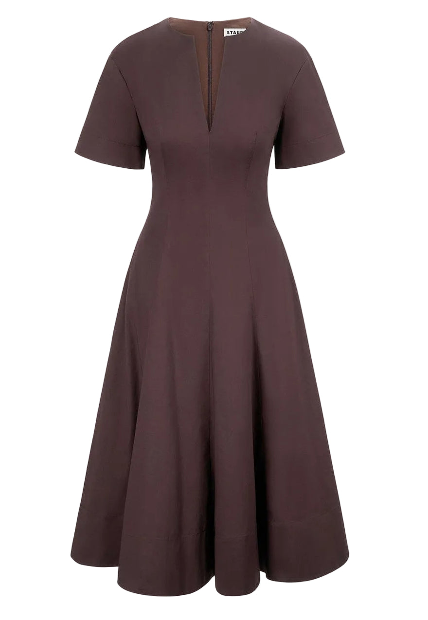 The Staud Frances Dress is a brown, short-sleeved midi poplin dress with a fitted bodice, flared A-line skirt, and V-shaped split neckline, crafted from soft cotton poplin.