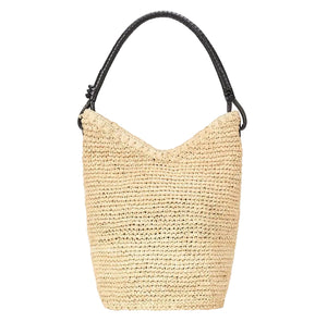 The Staud Lani Raffia Bucket Bag features beige raffia with a black leather handle, showcased on a white background—an everyday essential for effortless style.