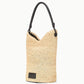 The Lani Raffia Bucket Bag by Staud features beige raffia, a black leather handle, and a black rectangular brand label—an everyday essential for effortless style.
