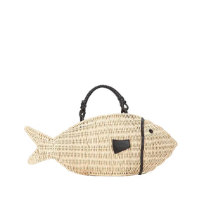 The Staud Cleo Fish Bag is fish-shaped with a sturdy leather-wrapped handle and black accents for the eye and mouth.