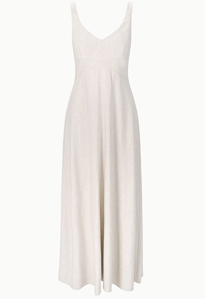The Staud Madison Linen Dress is a sleeveless, ankle-length stretch linen dress in light beige with a breathable fabric and a flattering V-neck fitted bodice.