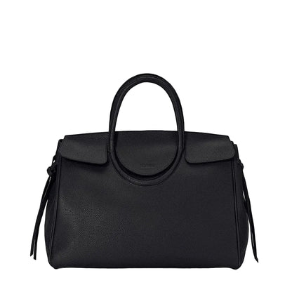 The Maude Carryall by Staud is a black pebbled leather bag featuring rounded handles, a flap closure, and minimal detailing, displayed against a white background.