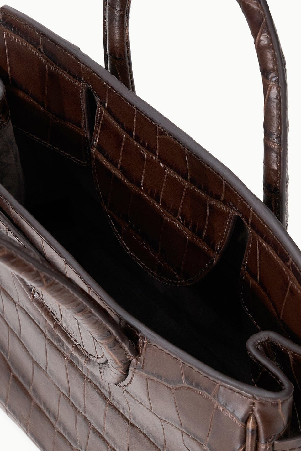 Top-down view of a dark brown croc-embossed leather Staud Maude Mini Carryall with dual handles.