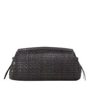 The Staud Maude Woven Soft Clutch is a rectangular black leather bag featuring side tassels and a signature knotted tie, shown against a white background.