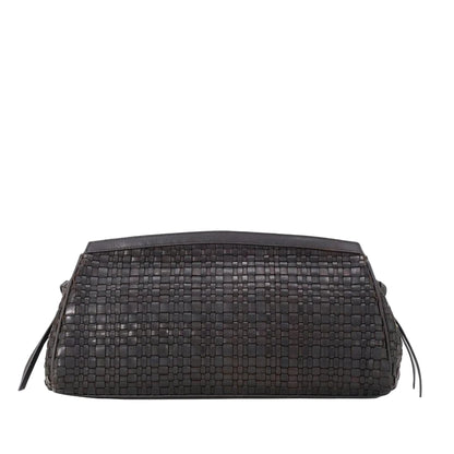 The Staud Maude Woven Soft Clutch is a rectangular black leather bag featuring side tassels and a signature knotted tie, shown against a white background.