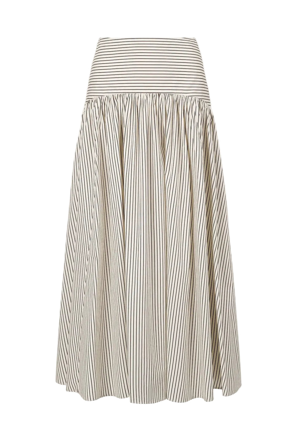 The Staud Procida Skirt is a white midi skirt featuring thin vertical black stripes, a wide horizontal striped waistband, and a hidden back zipper for a seamless finish.