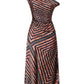 Staud's Portia Silk Studio Dress is an asymmetrical one-shoulder design crafted from silk, featuring a geometric multicolored striped pattern, a fitted waist with an adjustable tie detail, and a flared midi-length skirt.