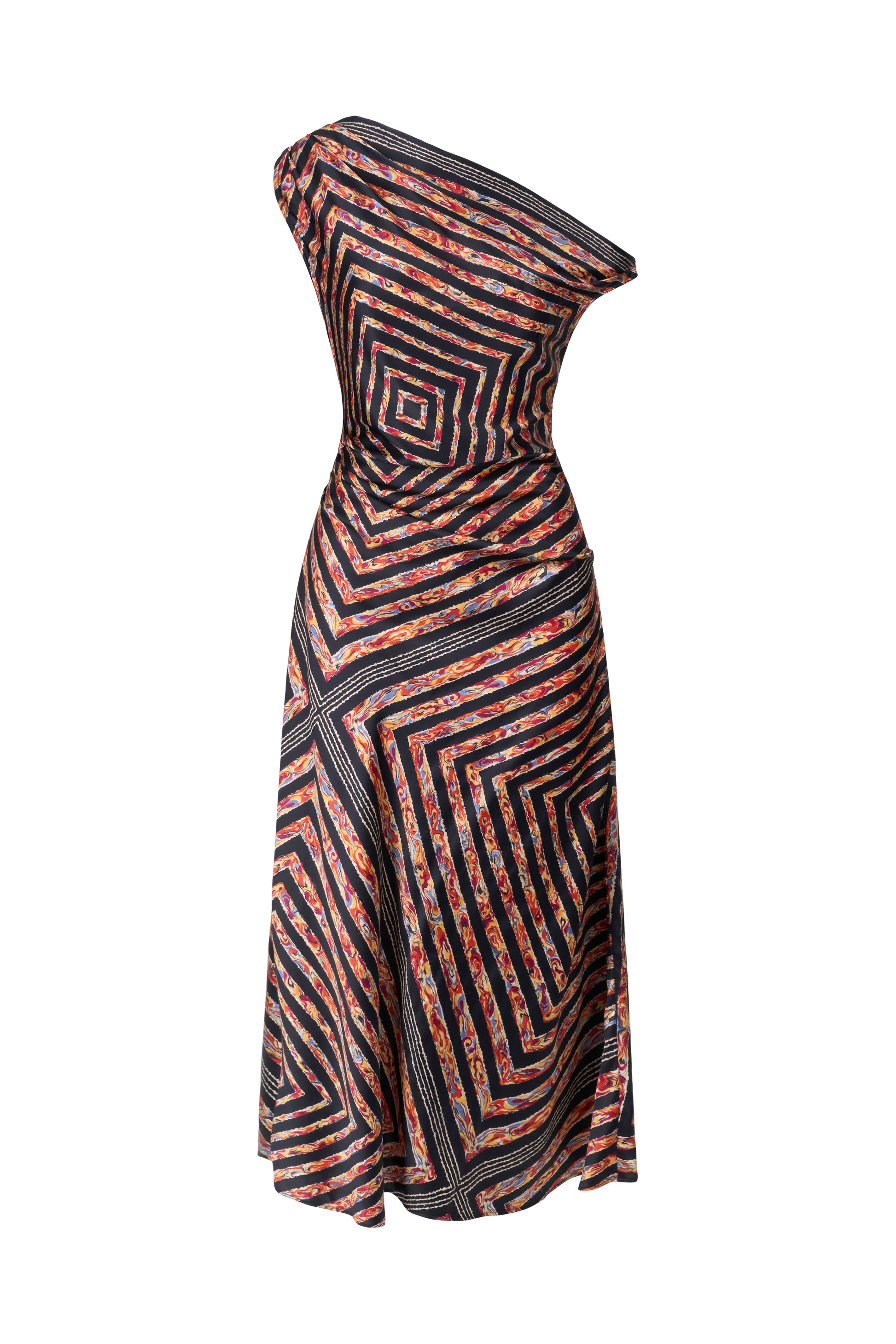 Staud's Portia Silk Studio Dress is an asymmetrical one-shoulder design crafted from silk, featuring a geometric multicolored striped pattern, a fitted waist with an adjustable tie detail, and a flared midi-length skirt.