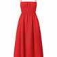 The Staud Ayla Linen Dress is a sleeveless red sundress with slim straps, a ruched bodice, and a flared knee-length skirt, shown on a plain white background.