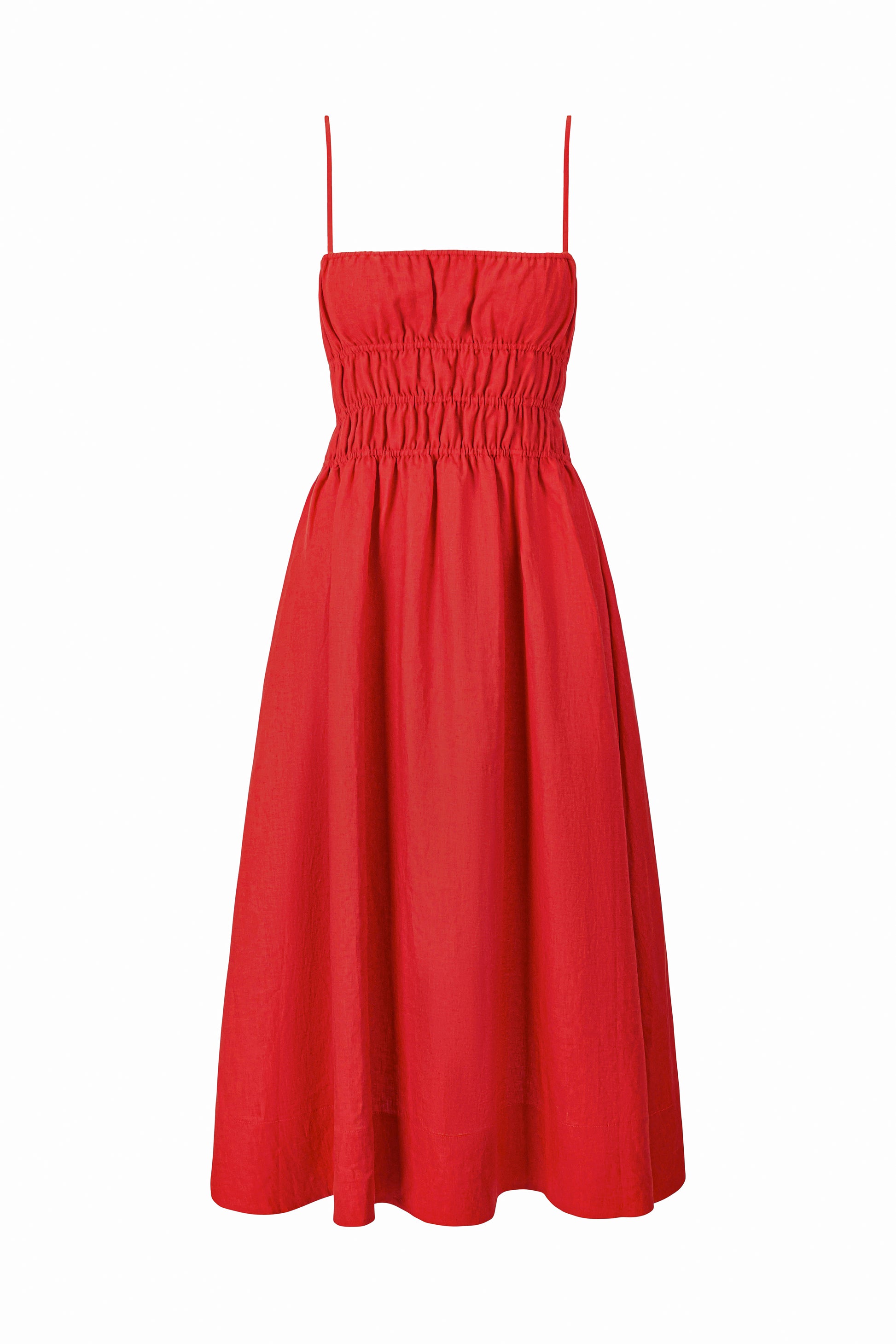 The Staud Ayla Linen Dress is a sleeveless red sundress with slim straps, a ruched bodice, and a flared knee-length skirt, shown on a plain white background.