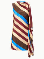 The Sabina Silk Dress by Staud is a sleeveless column dress adorned with diagonal maroon, tan, brown, and blue stripes. Featuring an asymmetrical silhouette and a draped detail on one shoulder, this easy-fit piece offers a modern touch.