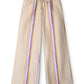 The Mateo Linen Pant by Staud features a relaxed fit, multicolored vertical stripes, and an elastic drawstring waistband—ideal for warm weather. Shown laid flat on a white background.