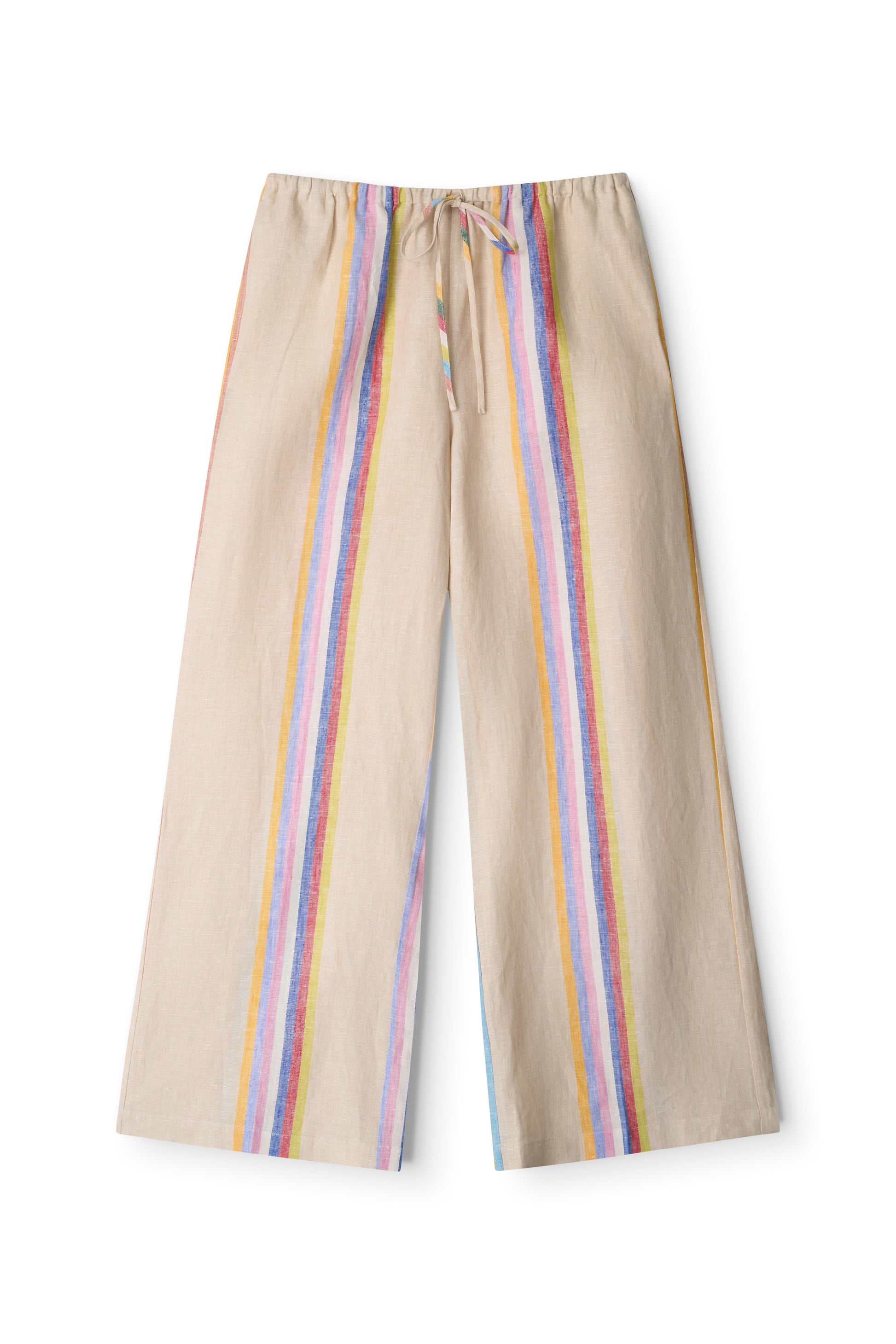 The Mateo Linen Pant by Staud features a relaxed fit, multicolored vertical stripes, and an elastic drawstring waistband—ideal for warm weather. Shown laid flat on a white background.