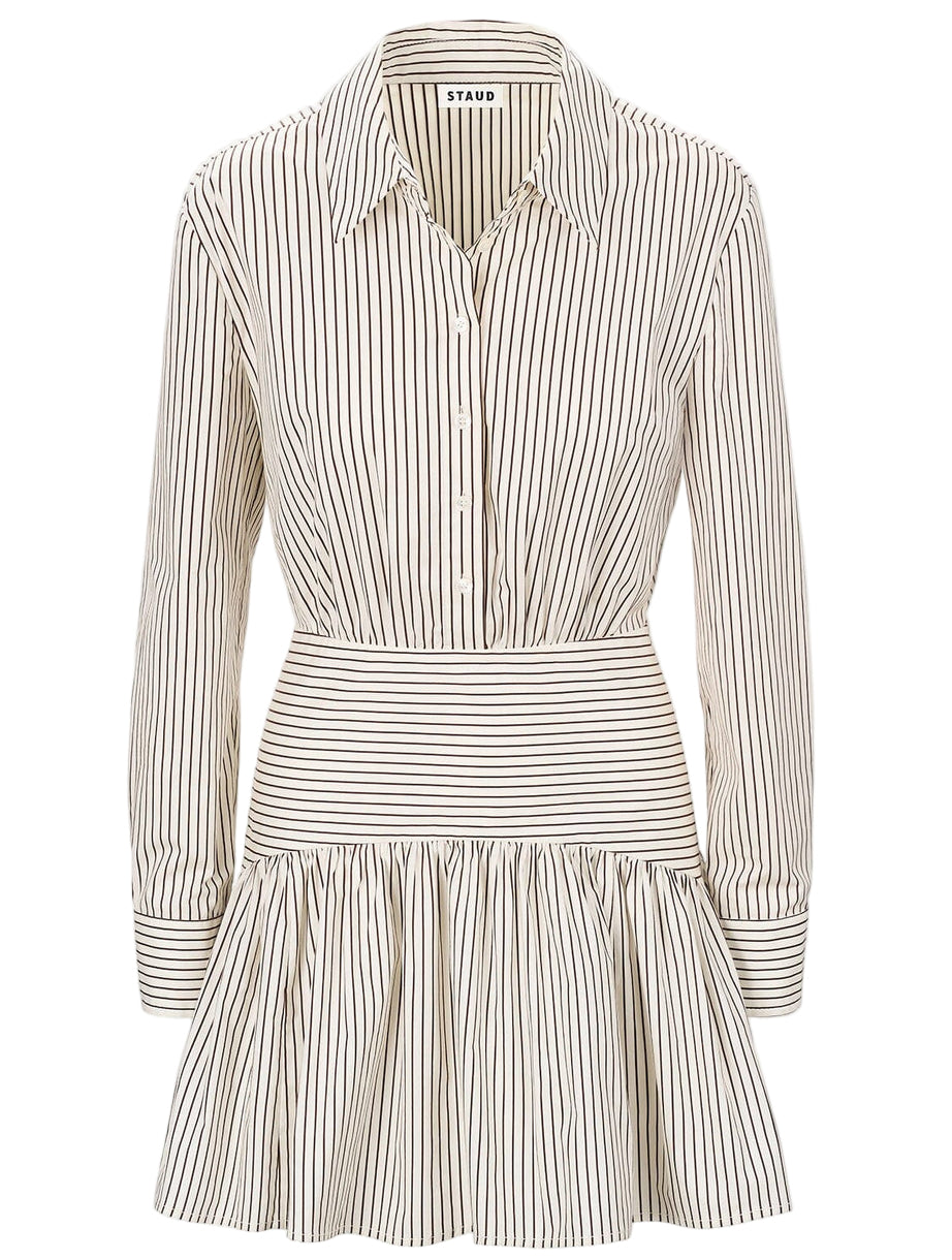The Staud Rocco Mini Dress is a white long-sleeve shirtdress with vertical black stripes, a collared neckline, button-down front, and a fitted waist featuring horizontal stripes above an A-line mini skirt.