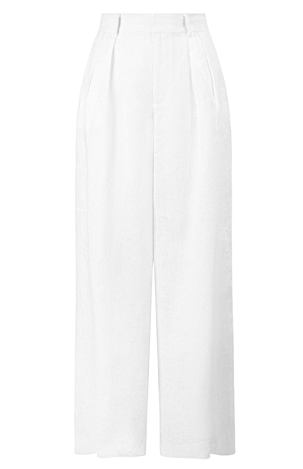 The Staud Sasha Pant offers a chic, tailored look with its high-waisted white linen design, featuring wide-leg pleated trousers and front slash pockets.