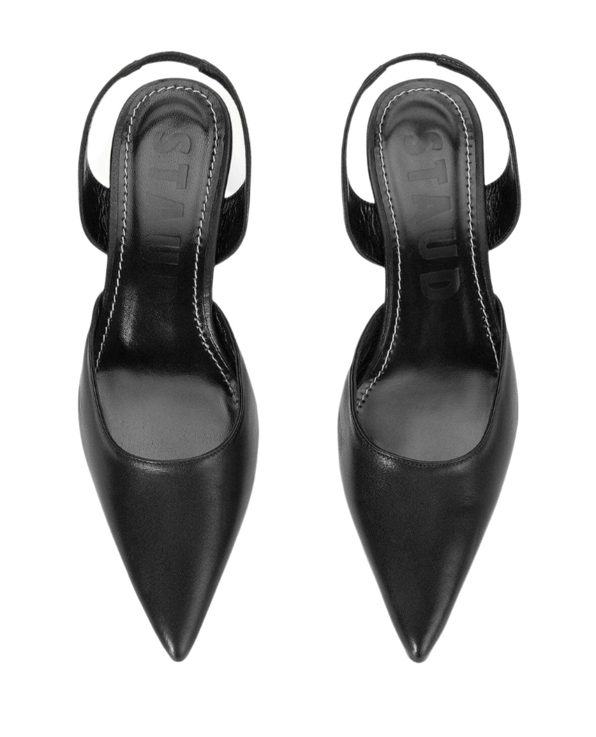 Introducing the Staud Sebastion Slingback, black pointed-toe heels made from luxurious nappa leather, showcasing a sleek design when viewed from above.