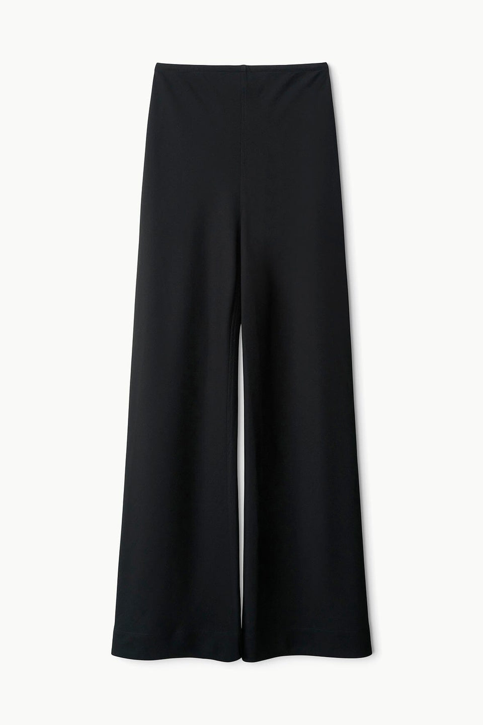 The Staud Stroll Pant, featuring a black high-waisted straight leg silhouette and an elastic waistband, is displayed flat against a white background.