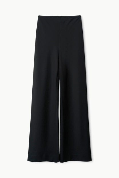 The Staud Stroll Pant, featuring a black high-waisted straight leg silhouette and an elastic waistband, is displayed flat against a white background.