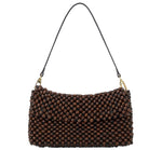 The Staud Timmy Convertible Shoulder Bag features a short black strap, a glossy dark brown beaded woven pattern, and an interior zip pocket for convenience.