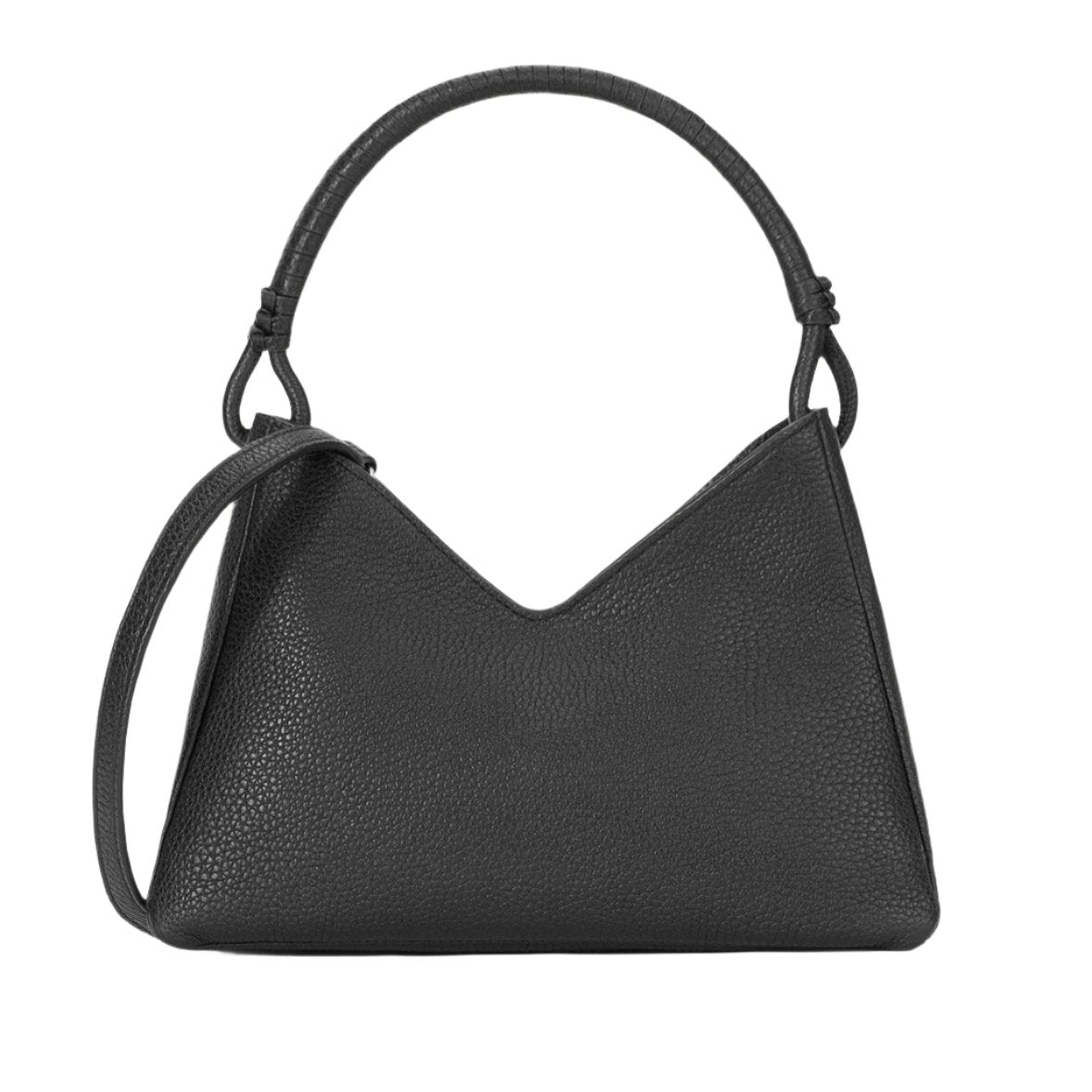 The Staud Valerie Shoulder Bag is crafted from black pebbled leather in a triangular shape, featuring both a short handle and a longer crossbody strap for versatile wear.