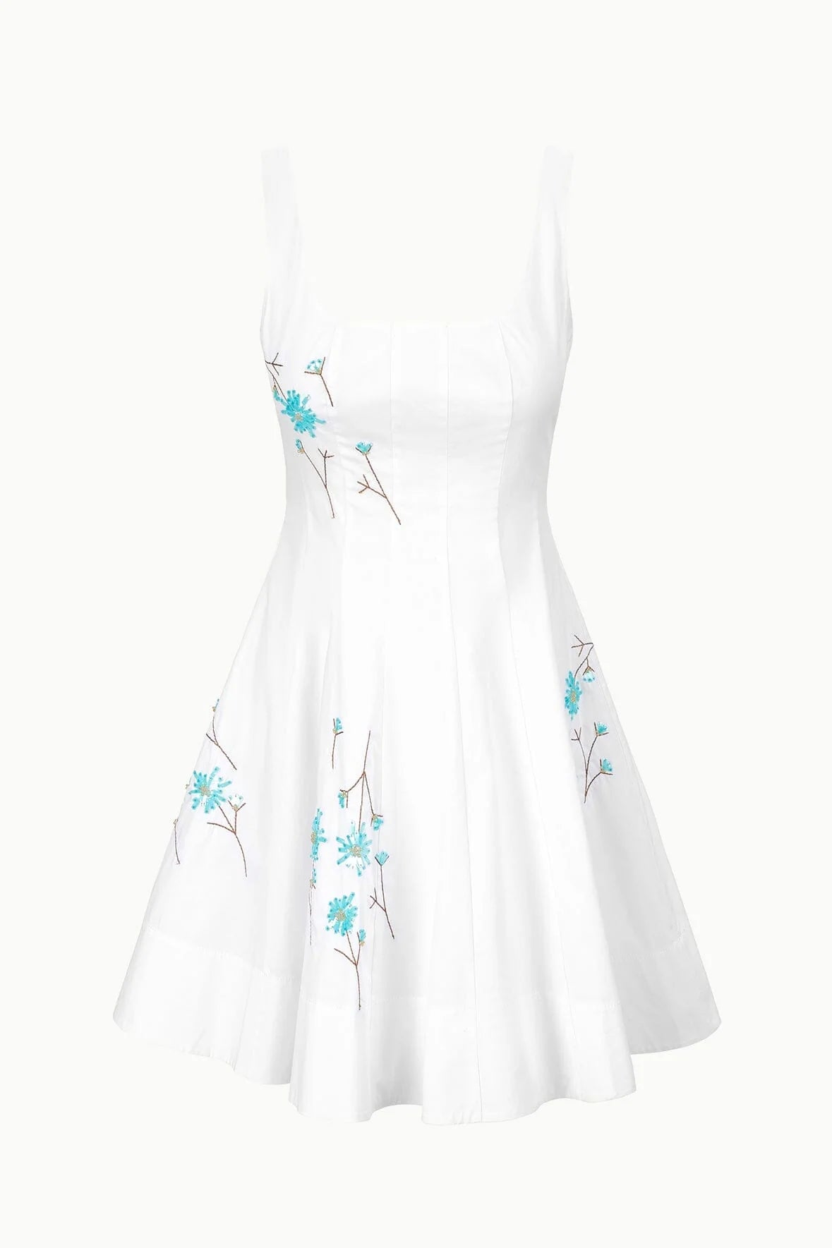 The Staud Mini Wells Dandelion Dress is a white sleeveless dress featuring a flared skirt, blue floral embroidery on the bodice and sides, and a subtle corset-style panel for a flattering fit.