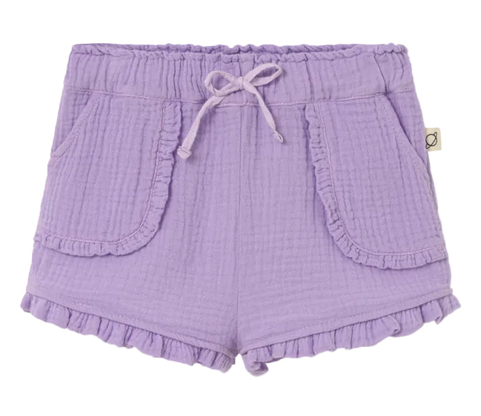 The Cozmo Baby Girls' Stella Ruffle Shorts feature light purple gauze fabric, a ruffled trim, elastic waistband with drawstring tie, and two front pockets—perfect for toddler girls.