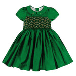 The Antoinette Baby Girls' and Girls' Stella Green Silk Dress features short sleeves, a Peter Pan collar, embroidered chest, and full gathered skirt—an heirloom piece perfect for holidays or any special occasion.