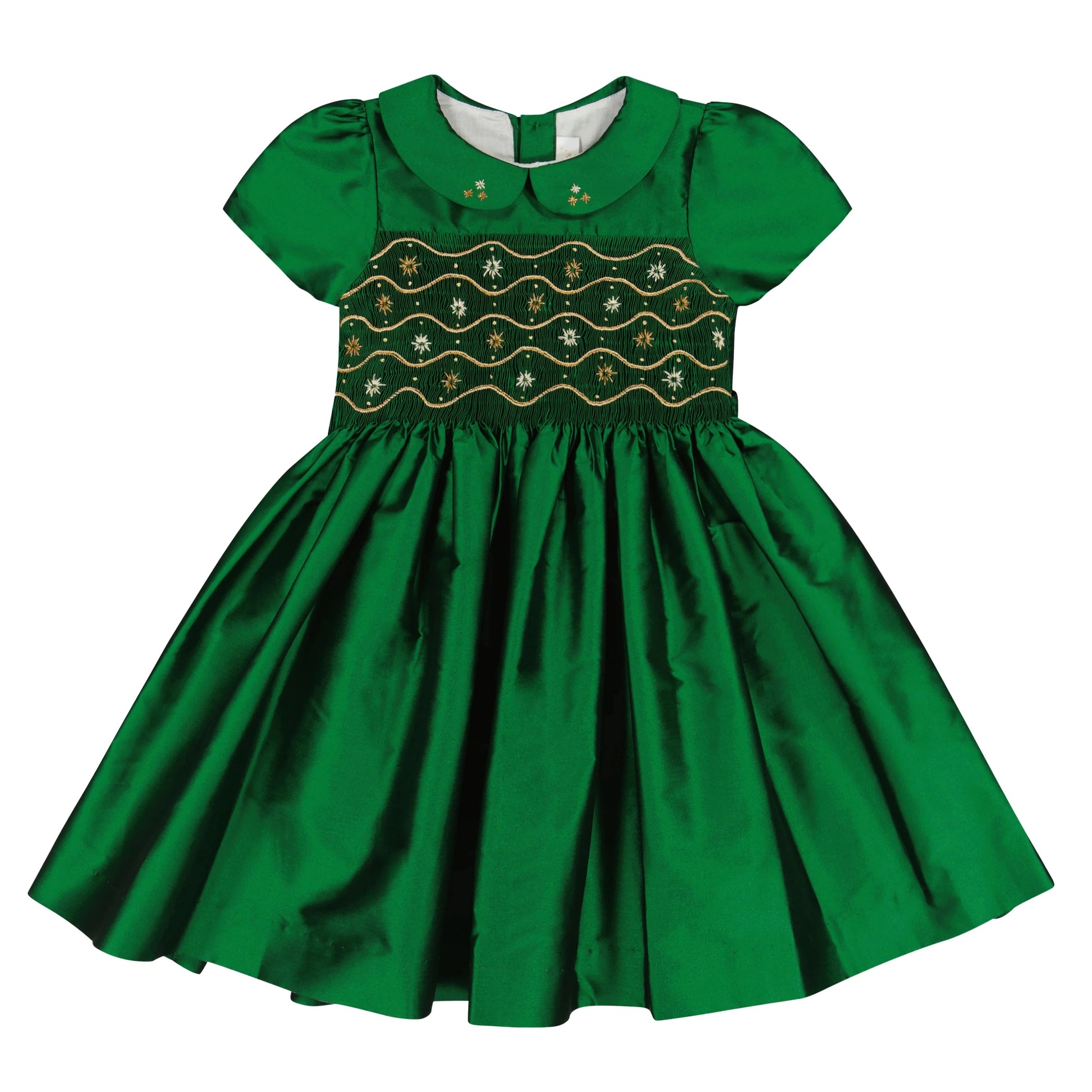 The Antoinette Baby Girls' and Girls' Stella Green Silk Dress features short sleeves, a Peter Pan collar, embroidered chest, and full gathered skirt—an heirloom piece perfect for holidays or any special occasion.