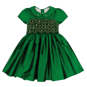 The Antoinette Baby Girls' and Girls' Stella Green Silk Dress features short sleeves, a Peter Pan collar, embroidered chest, and full gathered skirt—an heirloom piece perfect for holidays or any special occasion.