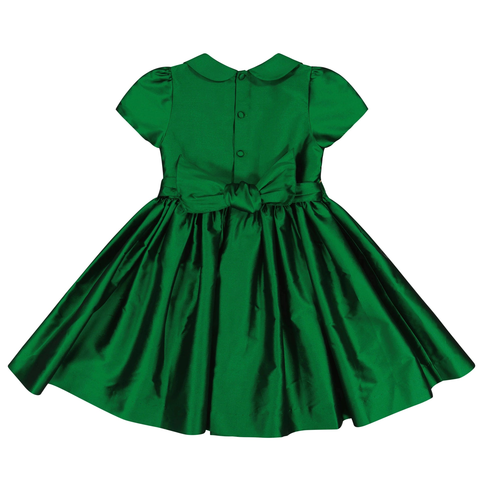 The Antoinette Baby Girls' and Girls' Stella Green Silk Dress features short sleeves, a Peter Pan collar, back buttons, and a waist bow—an heirloom piece ideal for any special occasion.