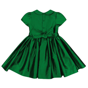 The Antoinette Baby Girls' and Girls' Stella Green Silk Dress features short sleeves, a Peter Pan collar, back buttons, and a waist bow—an heirloom piece ideal for any special occasion.
