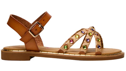 Girls’ Gillian Sandal by Steve Madden Kids featuring a strappy design with ankle buckle and multicolored rhinestone embellishments on the straps, shown in a side view against a white background.