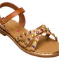 The Steve Madden Kids Girls’ Gillian Sandal features a strappy design with an ankle strap, gold-tone studs, and multicolored gemstones accented by rhinestones on the crisscross straps. It is finished with a buckle closure and a flat sole.