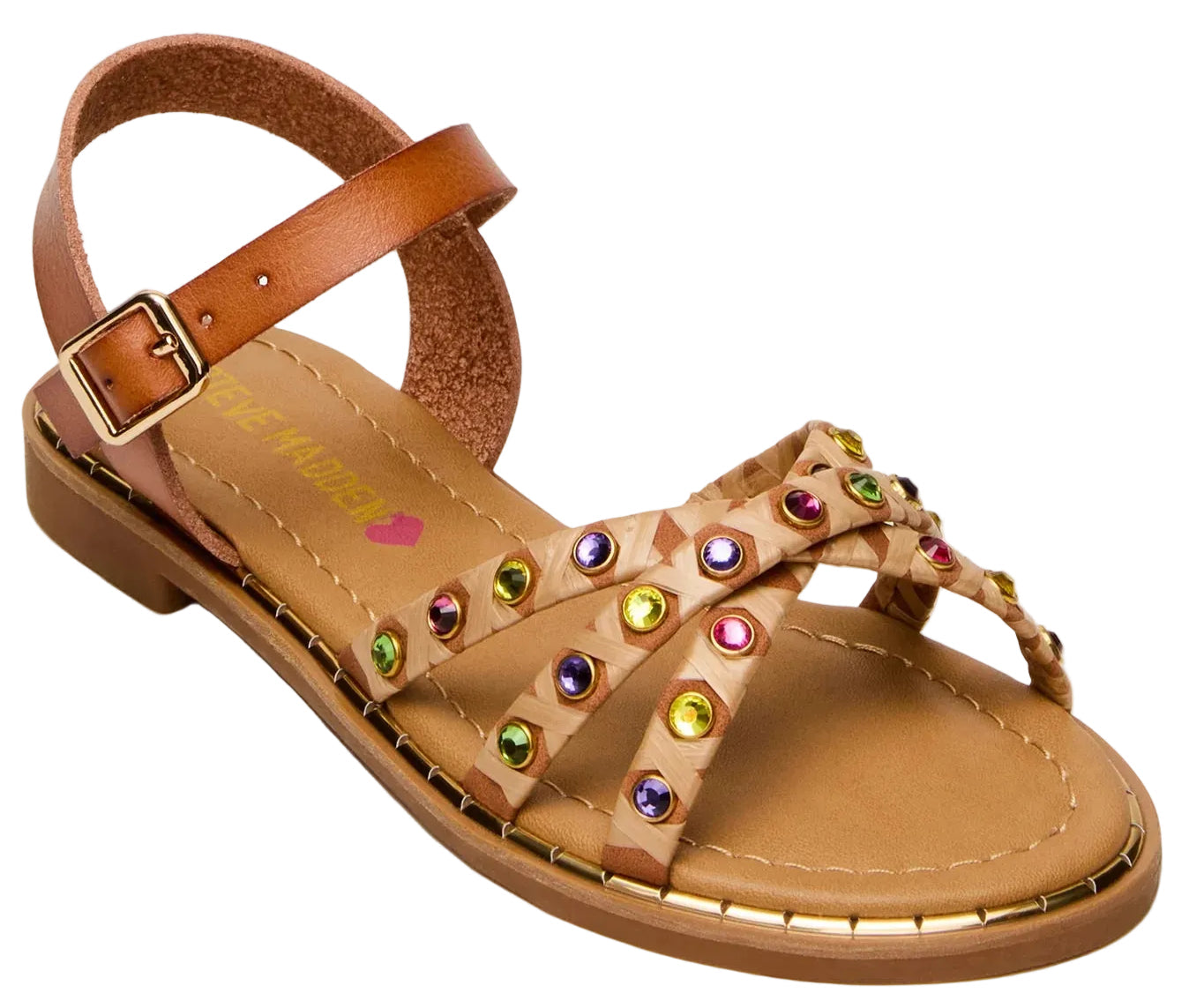 The Steve Madden Kids Girls’ Gillian Sandal features a strappy design with an ankle strap, gold-tone studs, and multicolored gemstones accented by rhinestones on the crisscross straps. It is finished with a buckle closure and a flat sole.
