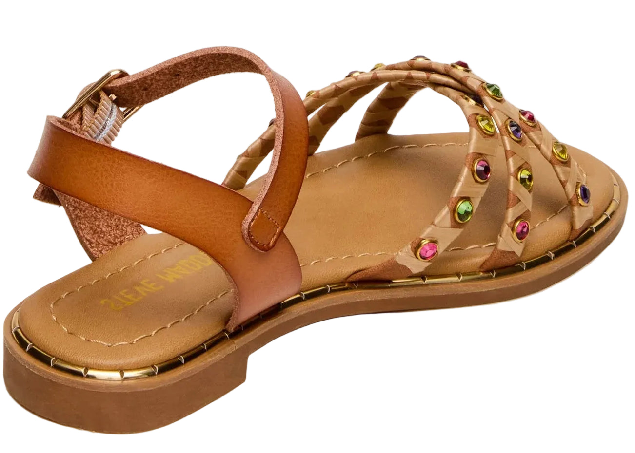 The Steve Madden Kids Girls’ Gillian Sandal features a strappy design with an ankle strap, woven front bands, and toe straps adorned with multicolored rhinestone embellishments.