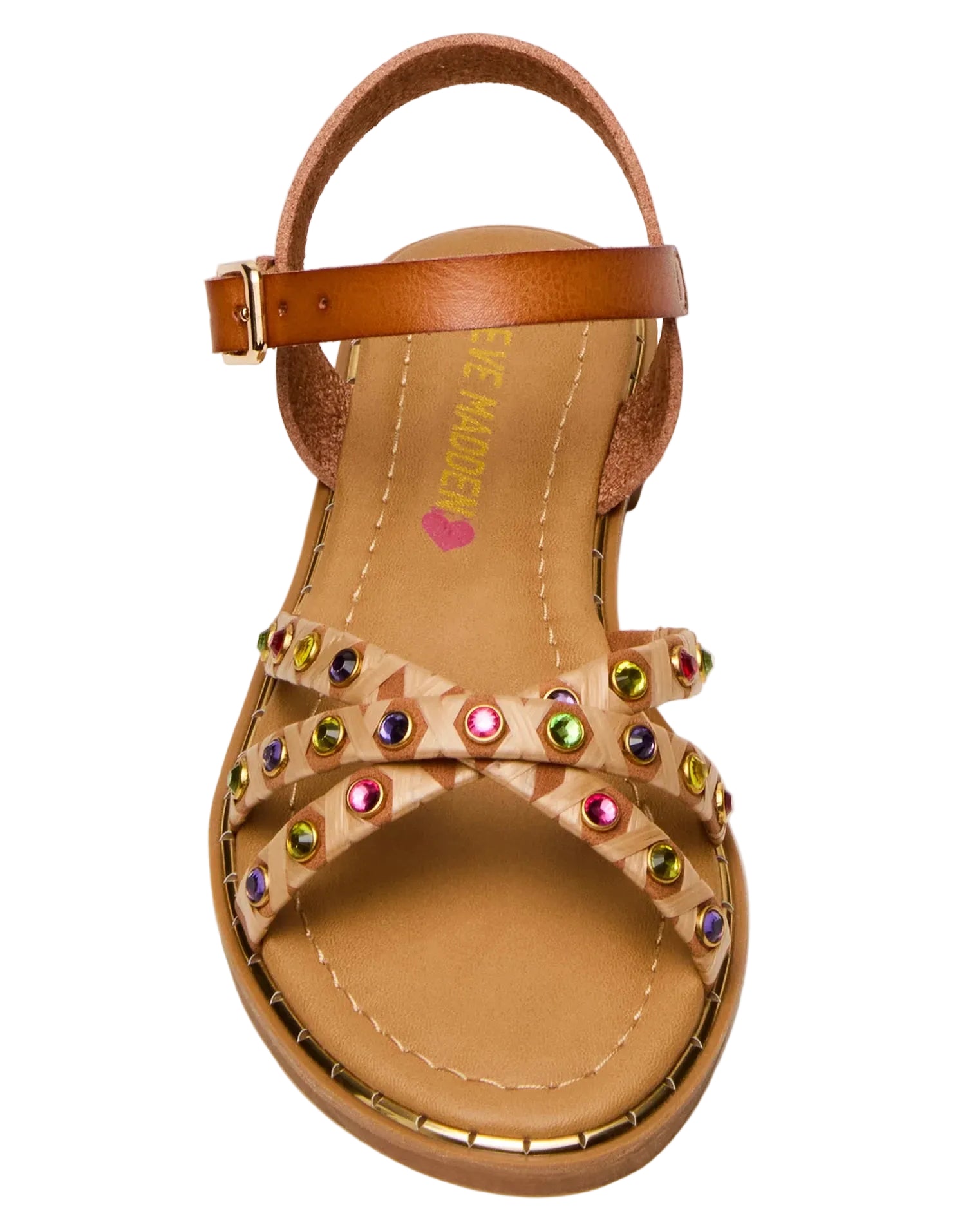 The Girls’ Gillian Sandal by Steve Madden Kids features a brown strappy design with two crisscross straps decorated with colorful rhinestone embellishments, an ankle strap, and a flat sole, shown from above.