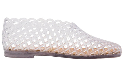 The Steve Madden Kids Girls’ Grovee Jelly Flat is a clear plastic shoe featuring a lattice pattern and closed toe, shown in profile against a white background. This lightweight slip-on is perfect for kids, offering both style and convenience.