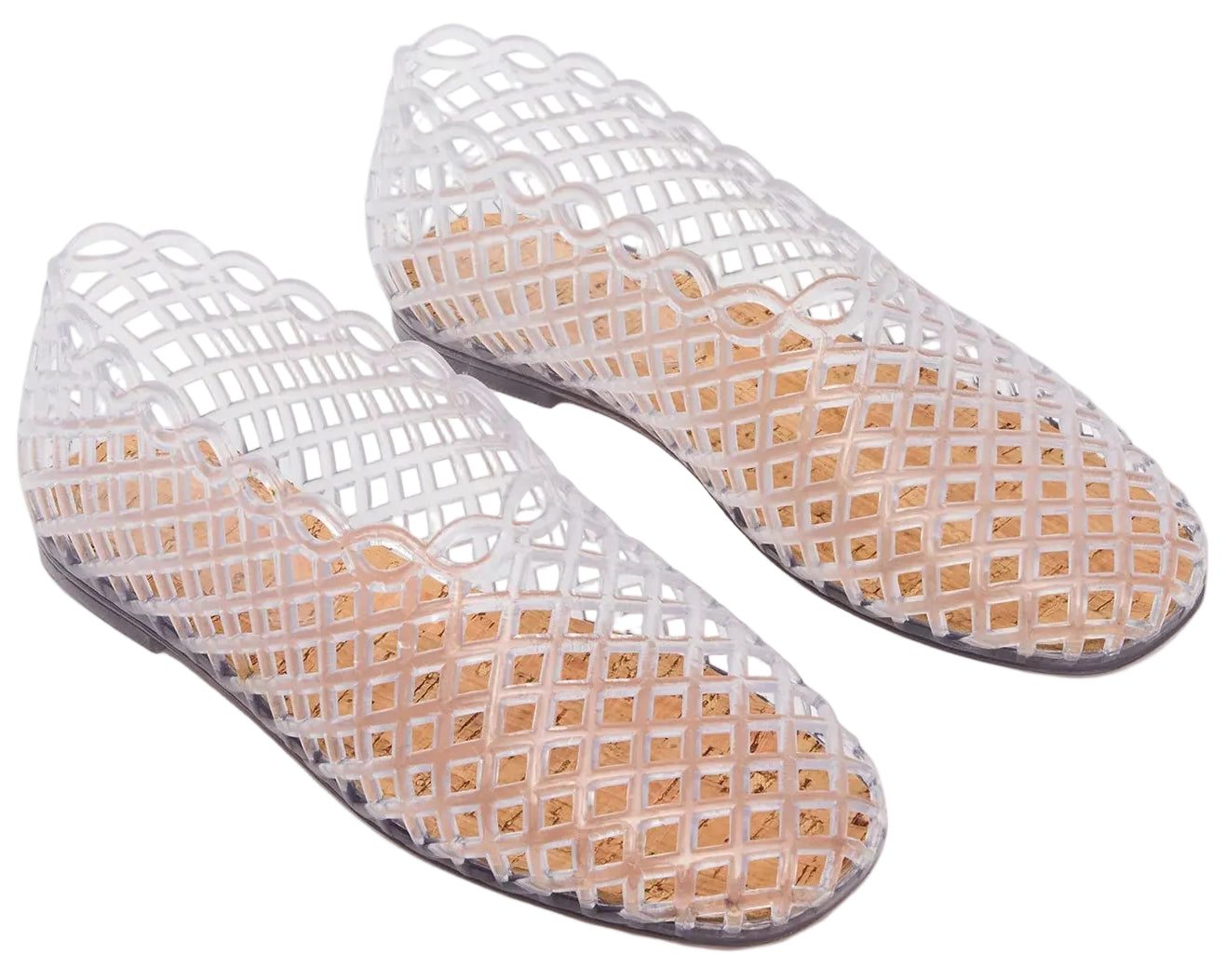 The Steve Madden Kids Girls’ Grovee Jelly Flat is a pair of translucent, lattice-patterned plastic shoes with closed toes and flat soles. These lightweight slip-on shoes are designed for easy wear and are displayed on a white background.