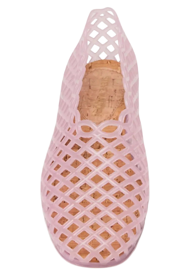Introducing the Steve Madden Kids Girls’ Grovee Jelly Flat: a lightweight, pink plastic shoe featuring a stylish lattice pattern and cork insole. Photographed from above against a white background, this slip-on flat is perfect for kids seeking everyday comfort and style.