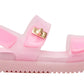 Introducing the Girls’ Jelly Mona Sandal by Steve Madden Kids—a translucent pink sandal featuring two adjustable straps, a secure back strap, a ridged sole with a subtle flatform design, and a chic decorative gold buckle on the side—perfect for your little fashionista.