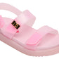 The Girls’ Jelly Mona Sandal from Steve Madden Kids is a pink, dad-inspired sandal with adjustable straps and a gold square buckle detail, featuring a thick, textured flatform sole—perfect for your little fashionista.