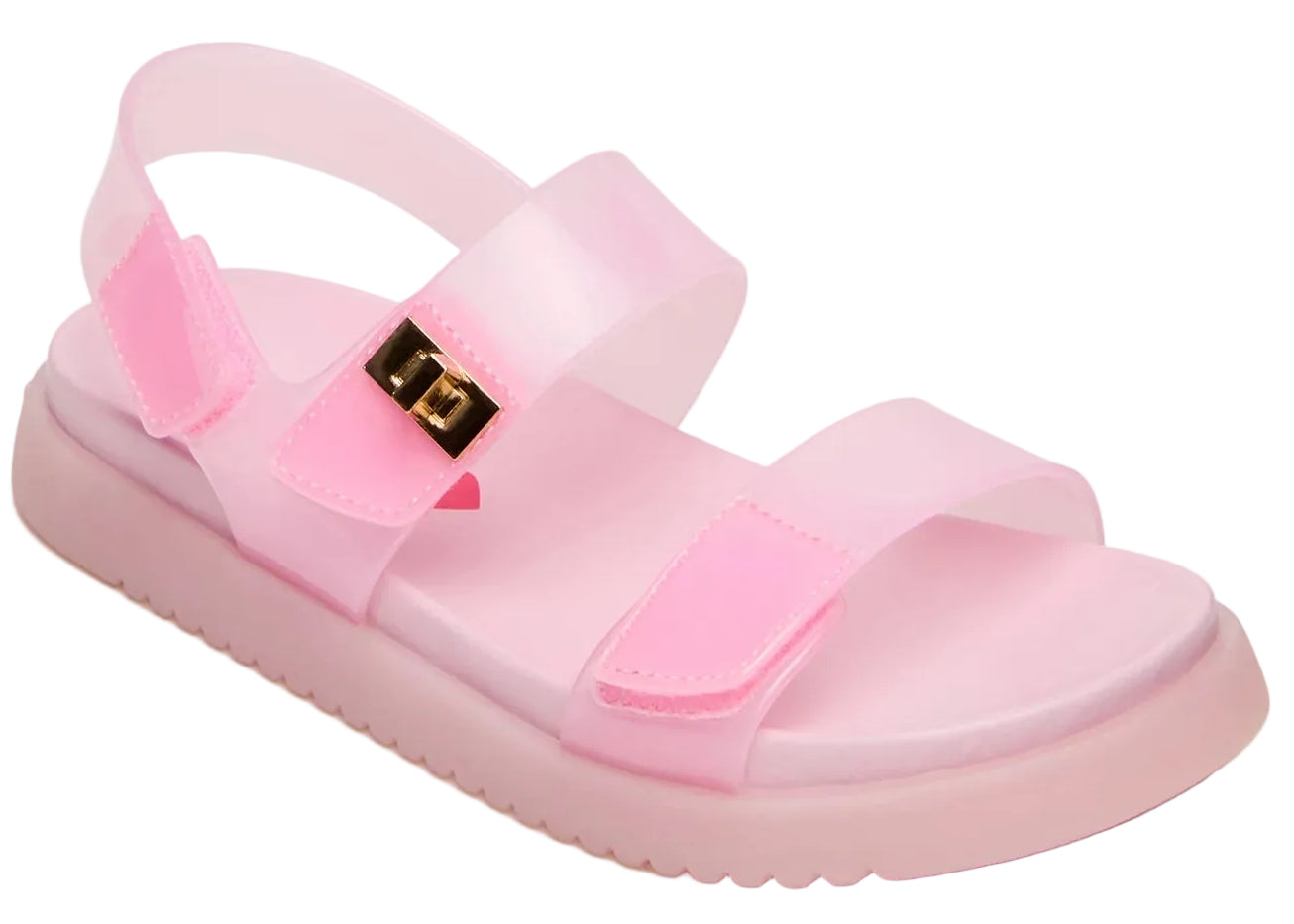 The Girls’ Jelly Mona Sandal from Steve Madden Kids is a pink, dad-inspired sandal with adjustable straps and a gold square buckle detail, featuring a thick, textured flatform sole—perfect for your little fashionista.