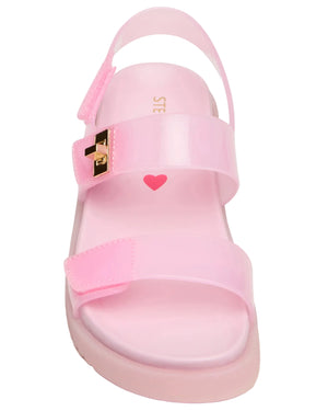 Introducing the Steve Madden Kids Girls’ Jelly Mona Sandal—a pink, dad-inspired sandal featuring a thick flatform sole, two adjustable straps with gold buckles, and a small red heart printed on the insole. It’s the perfect choice for your little fashionista.
