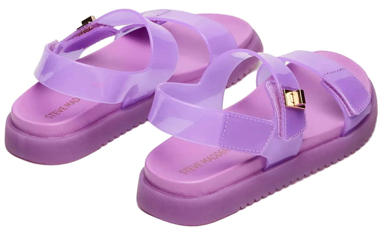 A pair of Steve Madden Kids Girls’ Jelly Mona Sandals in purple, featuring a trendy flatform design with thick soles, adjustable straps, and shiny gold buckles—perfect for the little fashionista—displayed on a white background.