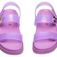 The Steve Madden Kids Girls’ Jelly Mona Sandal features a glossy light purple finish with two straps and gold buckle details, plus playful red heart designs on the insoles—making them the perfect flatform sandals for little fashionistas who love chic and fun footwear.