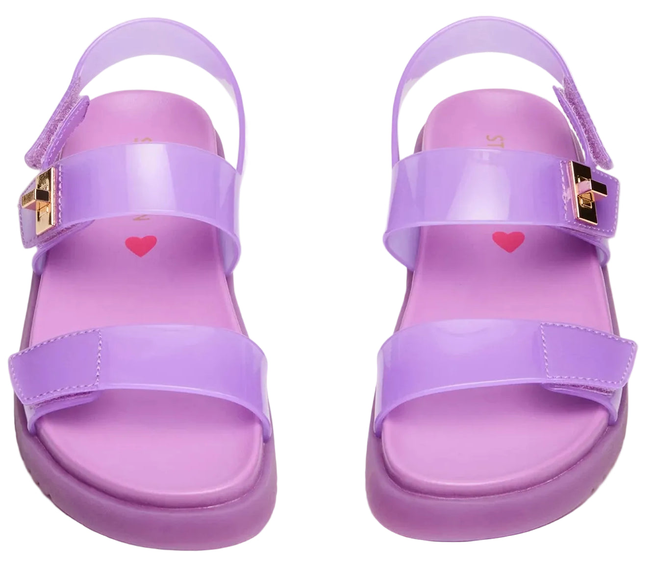 The Steve Madden Kids Girls’ Jelly Mona Sandal features a glossy light purple finish with two straps and gold buckle details, plus playful red heart designs on the insoles—making them the perfect flatform sandals for little fashionistas who love chic and fun footwear.